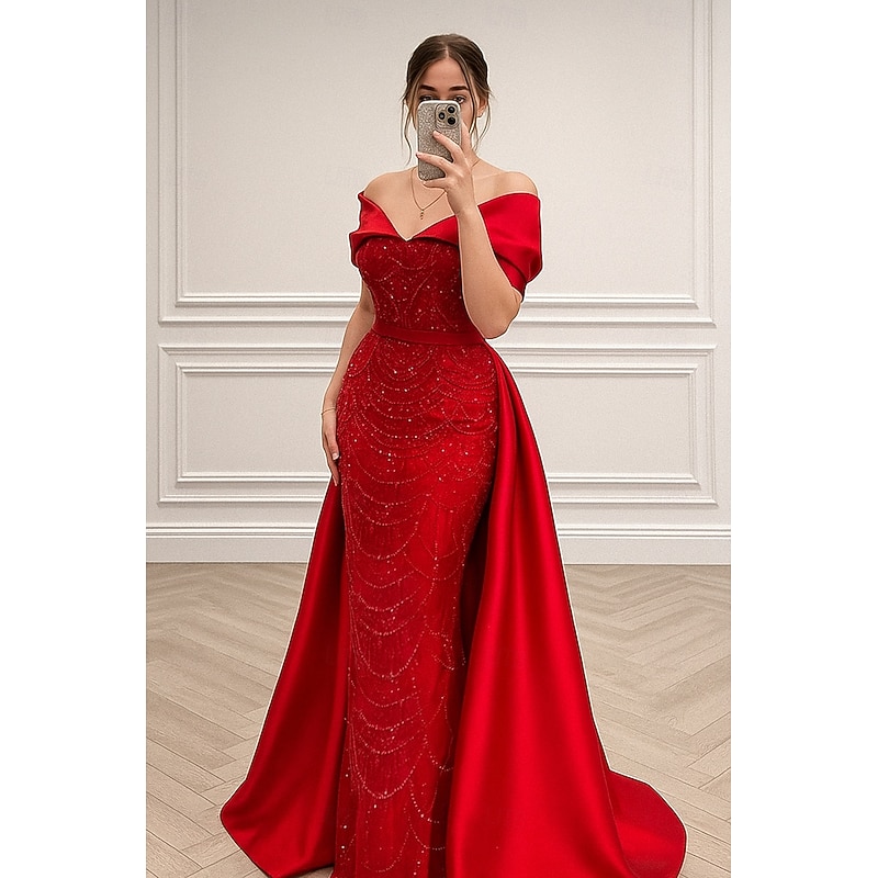 Red Black Sheath / Column Evening Gown Elegant Formal Dress Formal Wedding Floor Length Short Sleeve Off Shoulder Detachable Satin with Glitter Beading Sequin 2025