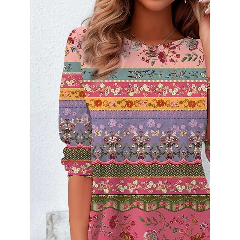 Women's T Shirt Floral Graphic Striped Vintage Stylish Classic Long Sleeve Crew Neck Round Neck Regular Tops Daily Print Pink Spring Fall Winter2