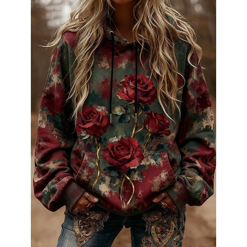 Women's Pullover Hoodies Rose Punk Vintage Streetwear Long Sleeve Hooded Regular Tops Dailywear Casual Sports Drawstring Pocket Print Green Spring Fall