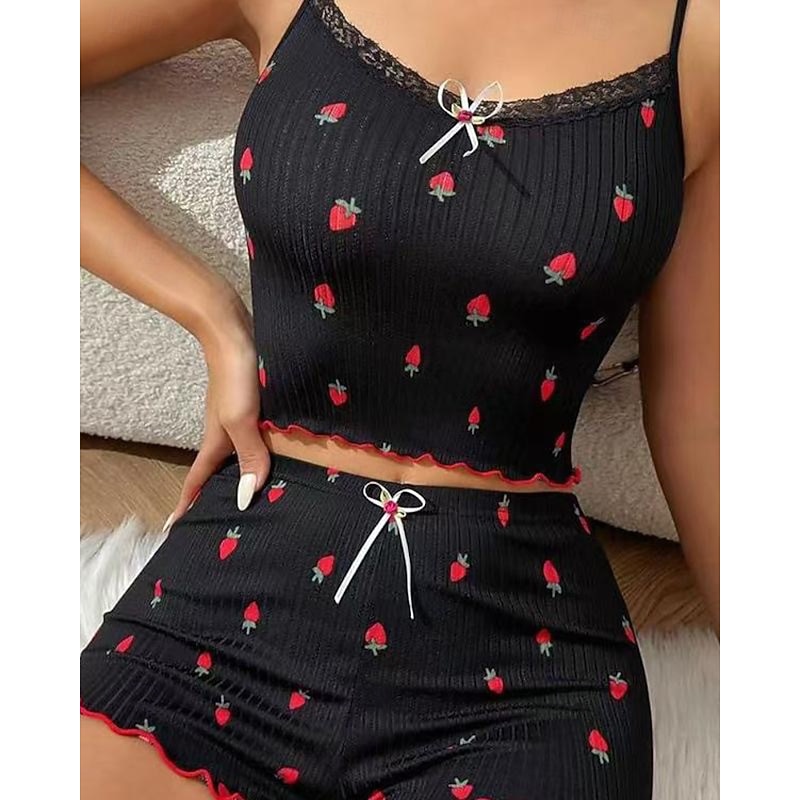 Women's Pajamas Loungewear Pajama Set Casual Fruit Lace Backless Strap Top Shorts Home Daily Bed Sleeveless Black Pink Blue Beige Summer Spring Regular Fit2