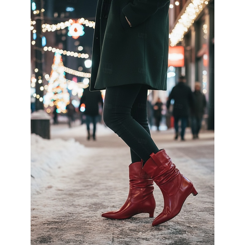 Women's Red Slouch Ankle Boots with Soft Ruched Shaft, Low Block Heel, Chic Urban Style Footwear for Women, Perfect for Everyday Casual and City Fashion Outfits4