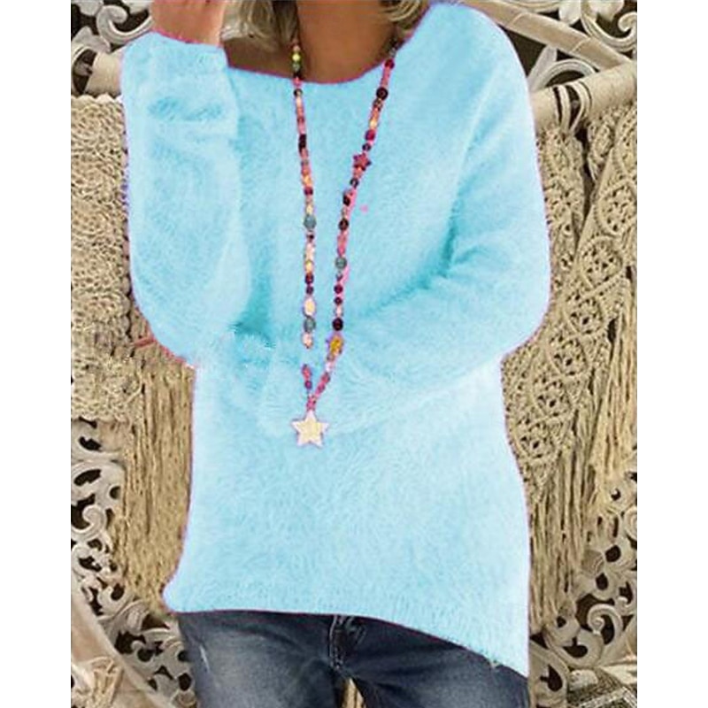 Women's Sweater Pullover Streetwear Casual Pure Color Ribbed Crew Neck Knitted Long Sleeve Regular Tops Knit Outdoor Daily Weekend Blue Beige Fall Winter2