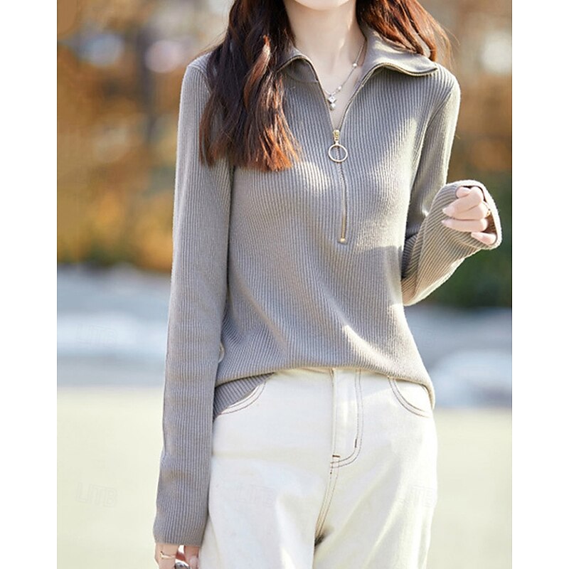 Women's Sweater Casual Soft Pure Color Ribbed Half Zip Knitted Long Sleeve Regular Tops Knit Outdoor Daily Weekend Gray Fall Winter4