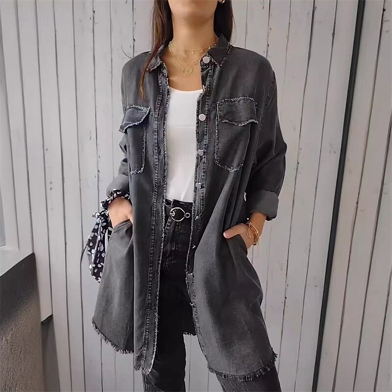 Women's Shirt Jacket Casual Jacket Denim Jacket Comfortable Breathable Pocket Fashion Casual Plain Vacation Street Casual Daily Wear Single Breasted Long Turndown Regular Fit Long Sleeve Outerwear3
