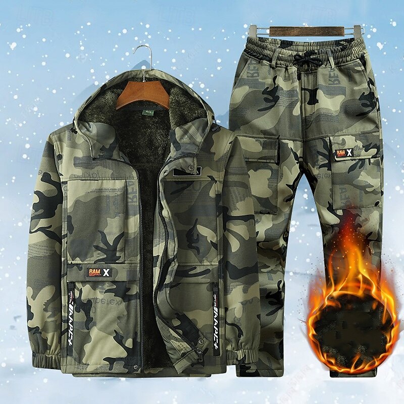 Men's Hiking Jacket Fleece Jacket Puffer Jacket Thermal Set Cotton Winter Outdoor Camo Thermal Warm Windproof Top Black Green