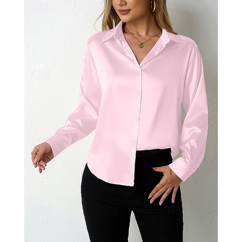 Women's Shirt Elegant Dressy Satin Solid Color Stylish Casual Long Sleeve Shirt Collar Regular Tops Daily Going out Buttons Pink Wine Beige Rose Pink Spring Fall