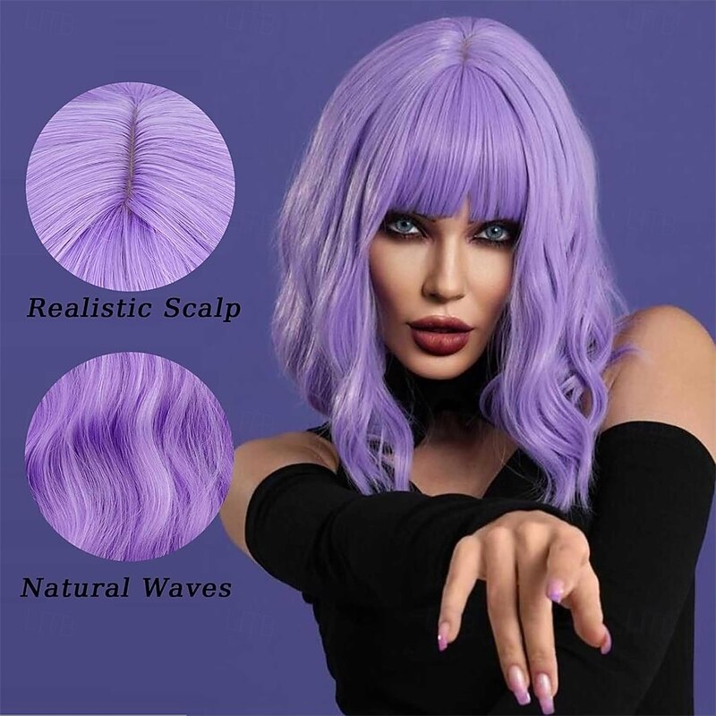 Purple Wig with Bangs Soft Short Bob Wavy Wigs for Women Synthetic Shoulder Length Women's Curly Wigs for Halloween Costumes Cosplay Daily2