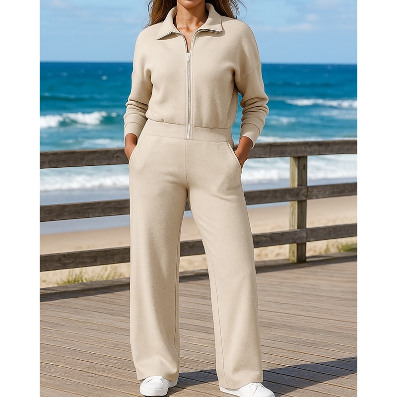 Women's One Piece Sweatsuit Lounge Outfits  Pocket Solid Colored Clothing Suit Fall Black White Cotton Outdoor Travel Sports Moisture Wicking Long Sleeve Sport Activewear Micro-elastic Regular Fit