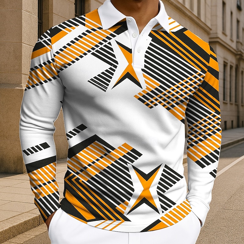 Men's Geometic Polo Long Sleeve Polo Shirts Lapel Business Casual Athleisure Daily Wear 3D Print Buttons Spring Fall Winter Red Blue Orange4