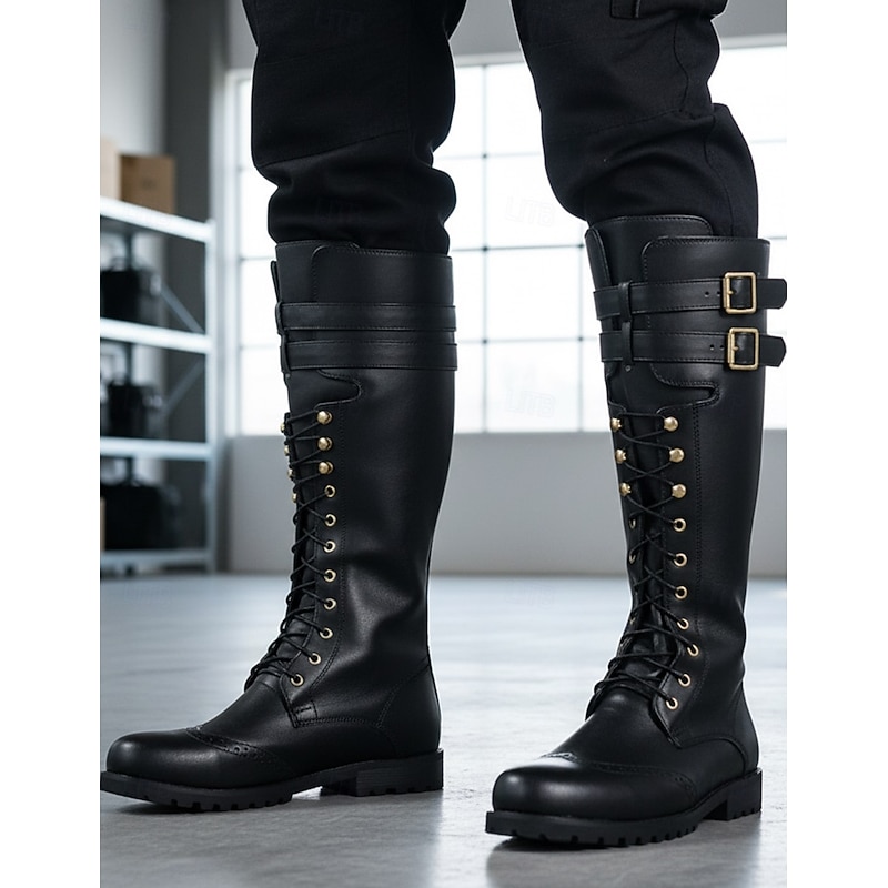 Men's Black Lace-Up Knee-High Boots with Buckle Straps – Vintage-Style Military Combat Boots for Outdoor and Casual Wear