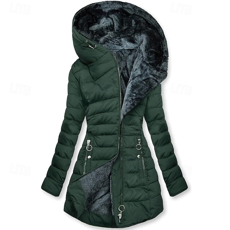 Women's Parka Warm Comfortable Zipper Pocket Casual Plain Vacation Going out Weekend Long Hooded Regular Fit Long Sleeve Outerwear Black Light Green Wine Fall Winter2