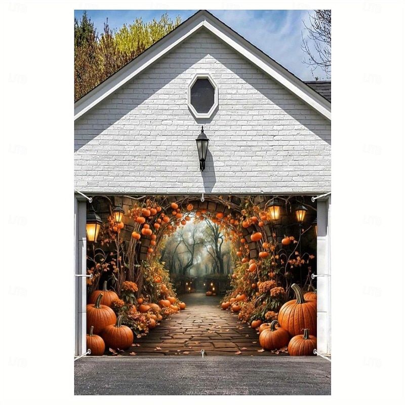 Halloween Garage Door Cover Pumpkin Skeleton Feast Spider Web Ghost with Hat Pumpkin Path Large Outdoor Backdrop with Grommets Yard Front Porch Wall Decorations3
