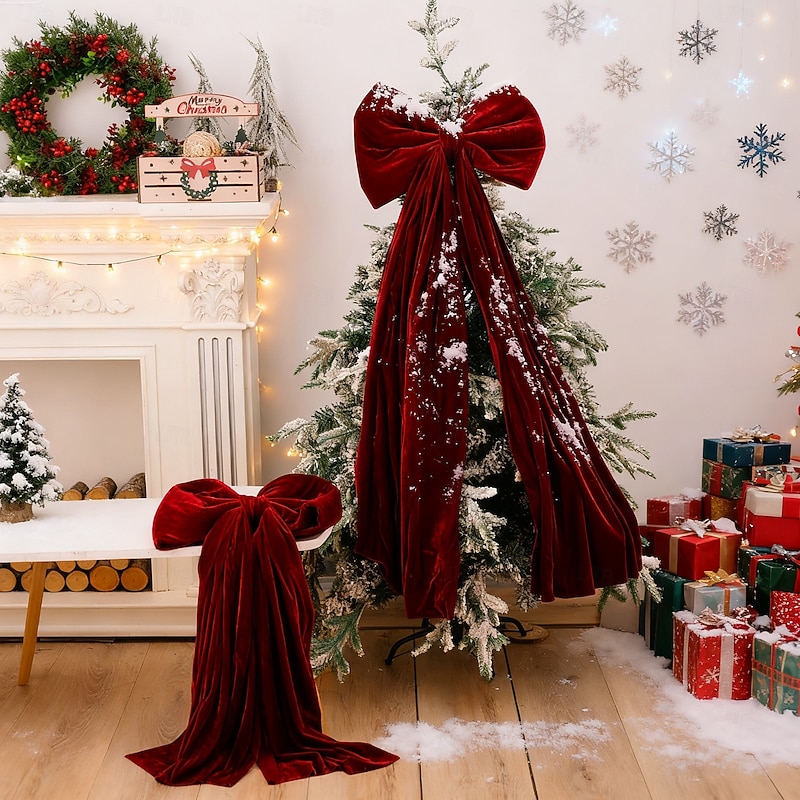 Christmas Extra Large Velvet Bows Christmas Tree Topper Burgundy Holiday Decoration Hanging Ornament for Xmas Tree, Festive Bow for Home Party Decor3