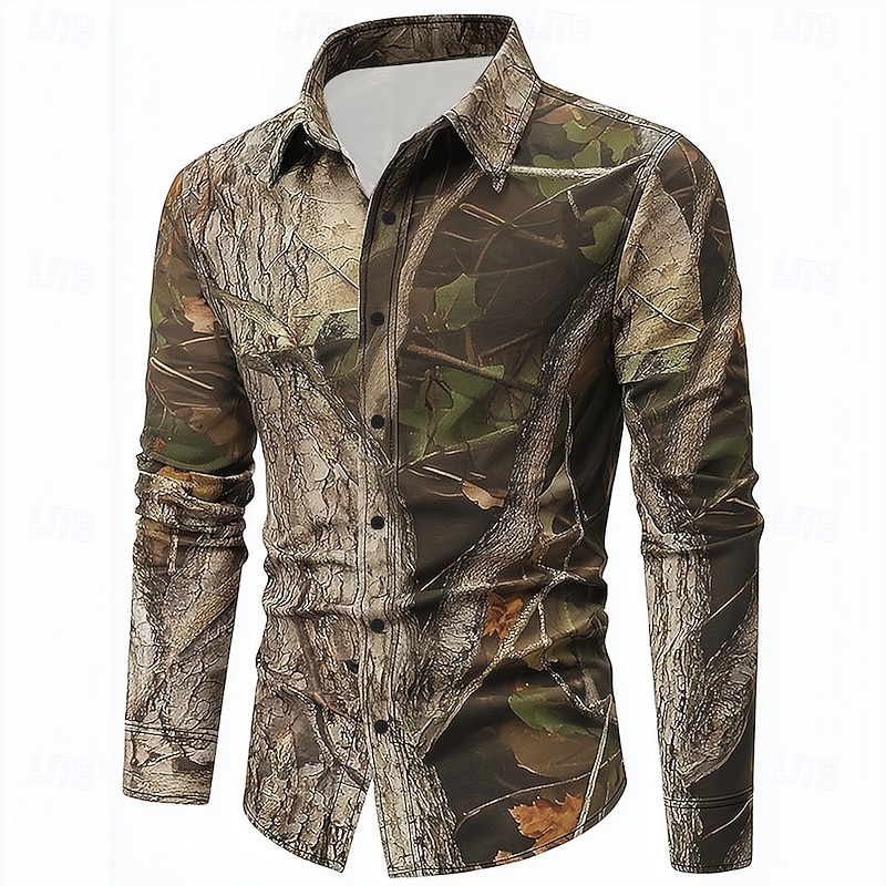 Men's Camo Camouflage Shirt Button Up Shirt Long Sleeve Vintage Retro Outdoor Camping & Hiking Hunting Spring Fall Turndown 3D Print Linen Like Shirt Black Army Green Camouflage