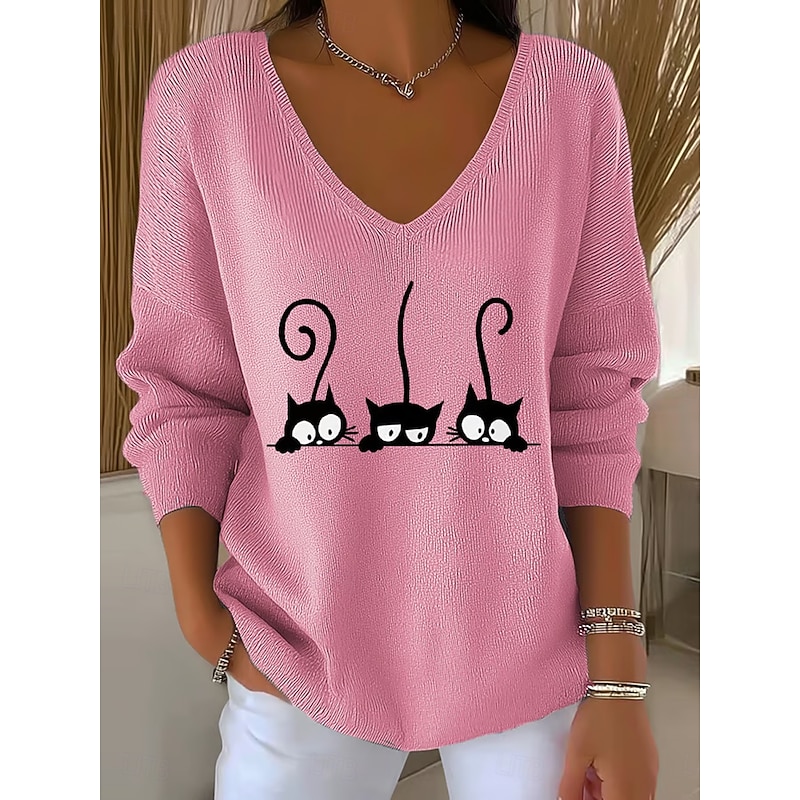 Women's Sweater Pullover Fashion Streetwear Casual Graphic Animal V Neck Oversized Knitted Long Sleeve Regular Tops Knit Outdoor Daily Pink Orange Spring Fall2