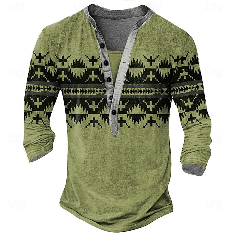 Men's Print Ethnic T Shirt Henley Shirt Long Sleeve Designer Retro Vintage Casual Street Casual Daily Summer Spring Fall Green Light Gray Blue Brown Henley Henley T-Shirt3