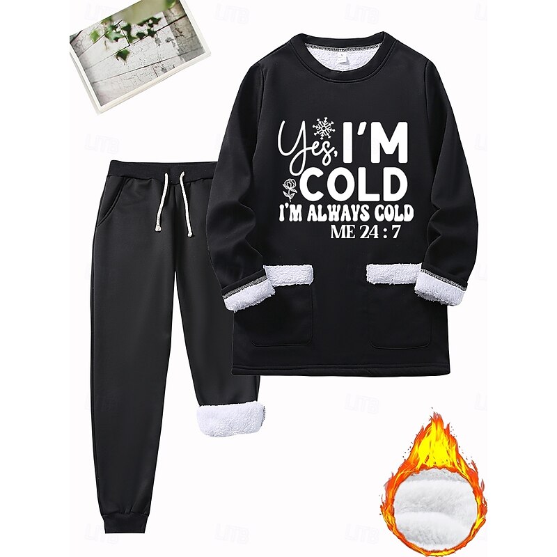 Women's Warm Daily Two Piece Sets Tracksuit Pants Sets Long Sleeve Crew Neck Graphic Letter Drawstring Print Casual Daily Black Pink Blue Fall Regular Fit