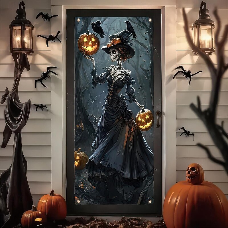 Halloween Door Cover Outdoor Banners Skeleton Witch Psychedelic Dark Punk Gothic Style Party Outdoor Shooting Backgrounds Front Door Wall Porch Home Decor
