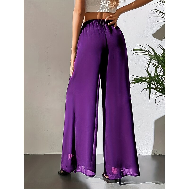 Women's Wide Leg Chinos Fashion Streetwear Basic Full Length High Waist Plain Elastic Waistband Comfy Soft Comfortable Stretchy Outdoor Street Causal Dark Brown Wine Black White Summer Spring Loose2