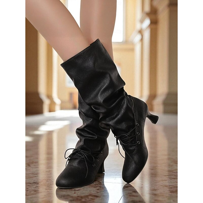 Women's Edwardian 1900s Vintage Mid-Calf Boots with Kitten Heel - Brown Faux Leather Lace-Up Slouchy Boots for Autumn Fashion, Cosplay & Historical Events