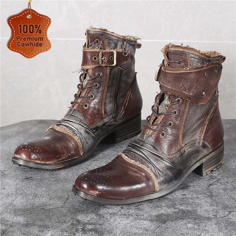 Men's Vintage Brown Leather Combat Boots – Retro Lace-Up Military Style Ankle Boots with Buckle Straps for Motorcycle Riding and Casual Fashion