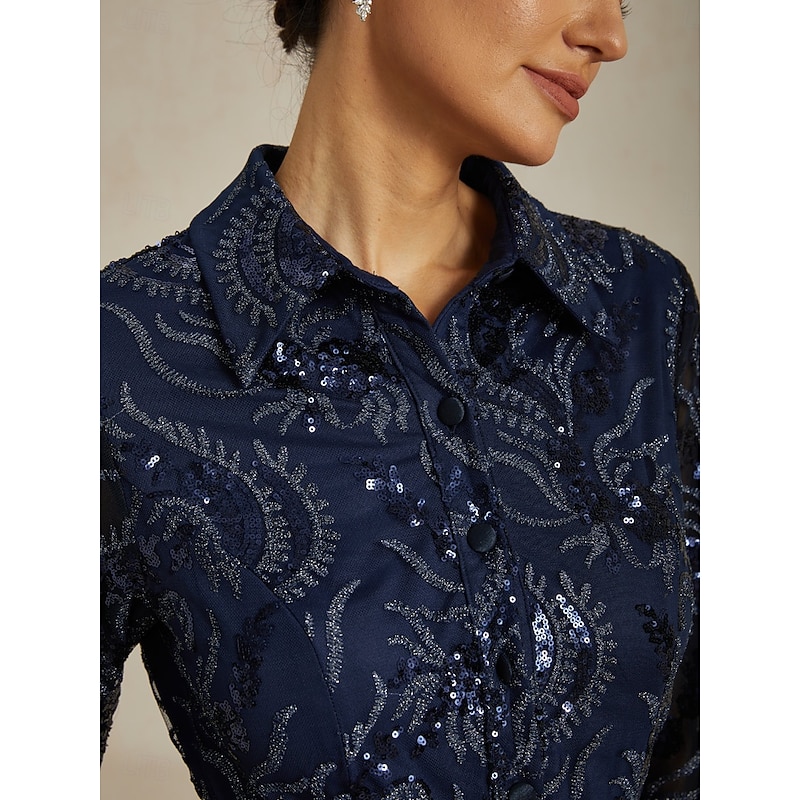 Women's Maxi Dress A Line Dress Fit And Flare Dress Elegant Party Formal Evening Party Paisley 3/4 Length Sleeve Shirt Collar Navy Blue Fall Winter3