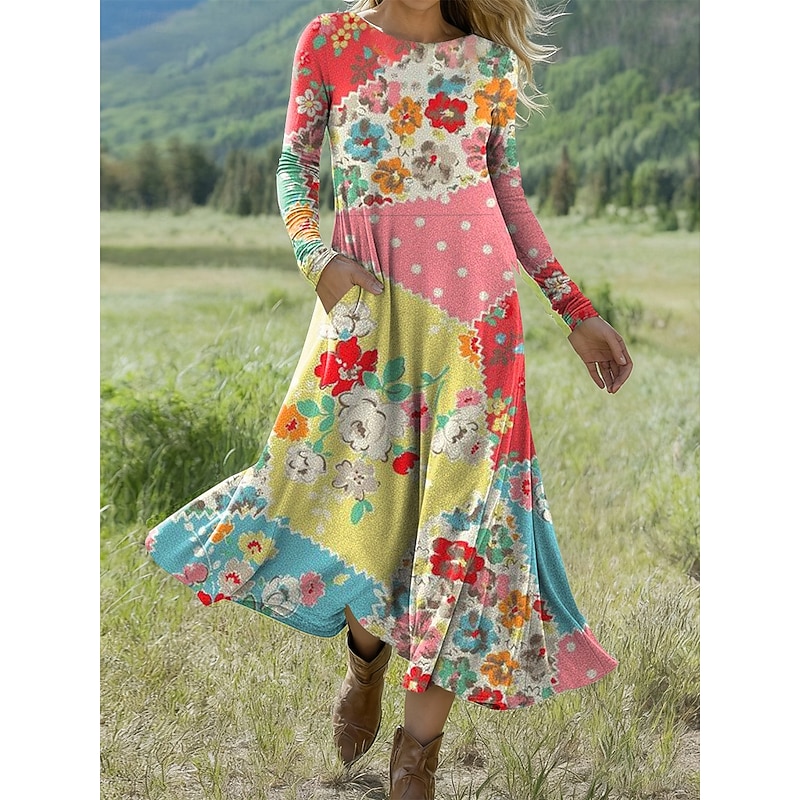 Women's Midi Dress A Line Dress Fit And Flare Dress Vacation Casual Daily Regular Fit Floral Graphic Long Sleeve Crew Neck Pink Red Orange Rainbow Spring Fall Winter4