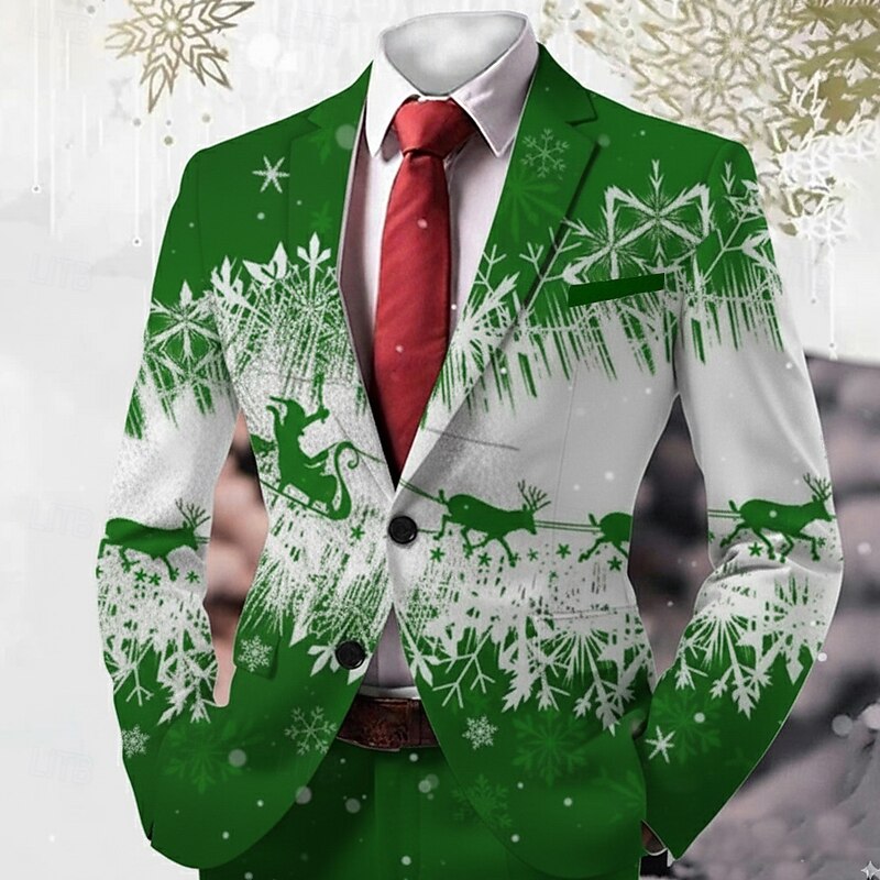 Men's Blazer Coat Christmas Outdoor Casual Casual Daily British Fall / Winter 100% Polyester Elk Snowflake 3D Print Buttons Thermal Warm Comfortable Single Breasted Blazer Red Blue Green2