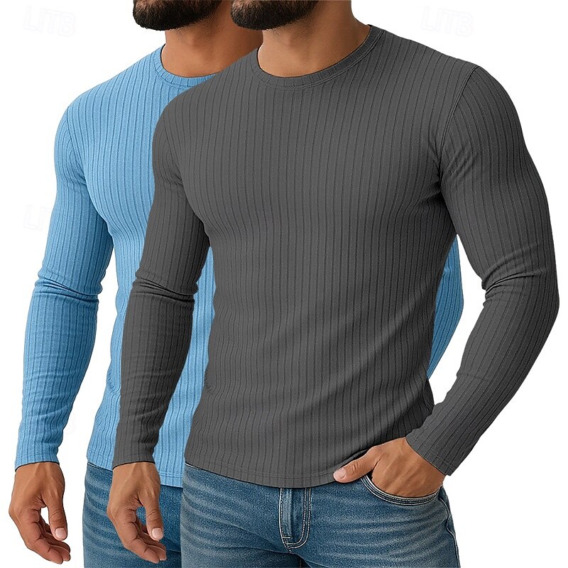 Men's T Shirt Muscle Shirt Ribbed Knit tee Tee Top Long Sleeve Crew Neck Spring Fall All Seasons Solid Color Plain Textured Fashion Designer Basic 2 Piece Knitting Plain Vacation Street Casual4