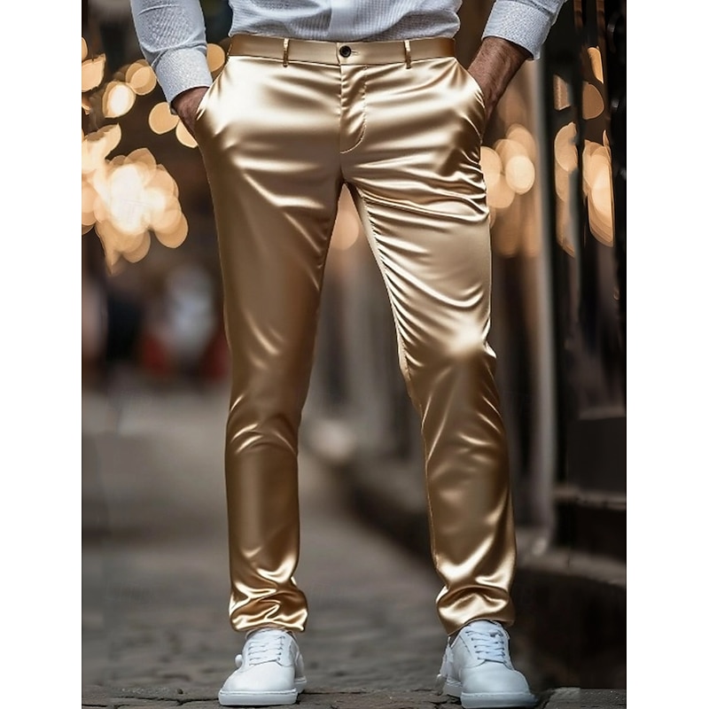 Men's Skinny Trousers Dress Pants Silk Like Satin Pants Pocket Plain Breathable Full Length Formal Party Club Fashion Streetwear White Gold Inelastic