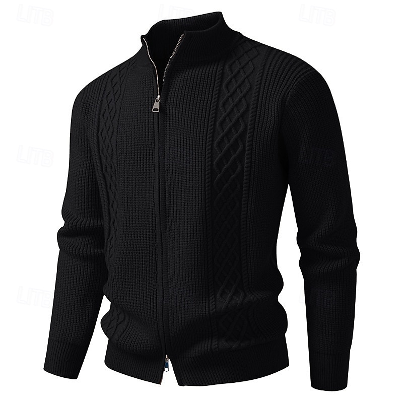 Men's Sweater Cardigan Sweater Ribbed Cable Knit Short Knitted Plain Stand Collar Vacation Fashion Casual Daily Wear Clothing Apparel Fall Spring &  Fall Black khaki M L XL3