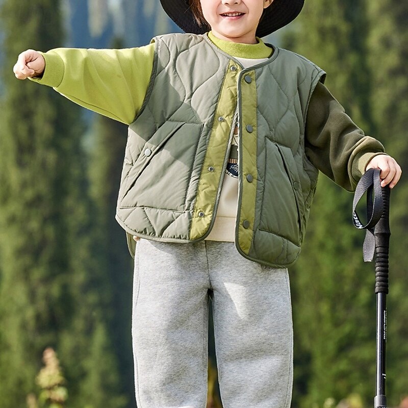 Kids Unisex Vest Coat Outerwear Color Block Sleeveless Buttons Keep Warm Soft Breathable Coat Outdoor Fashion Daily Green Fall Winter 4 years+4