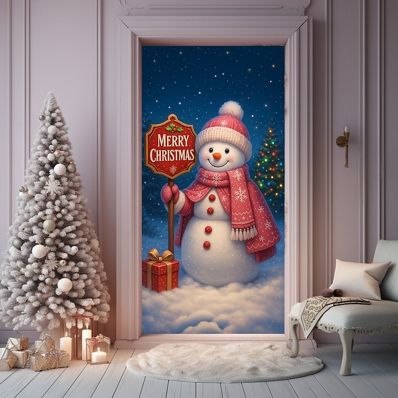 Christmas Door Cover, Cute Snowman with Gift and Snowy Background Holiday Backdrop Door Curtain for 2025 Xmas Party and Home Winter Decorations
