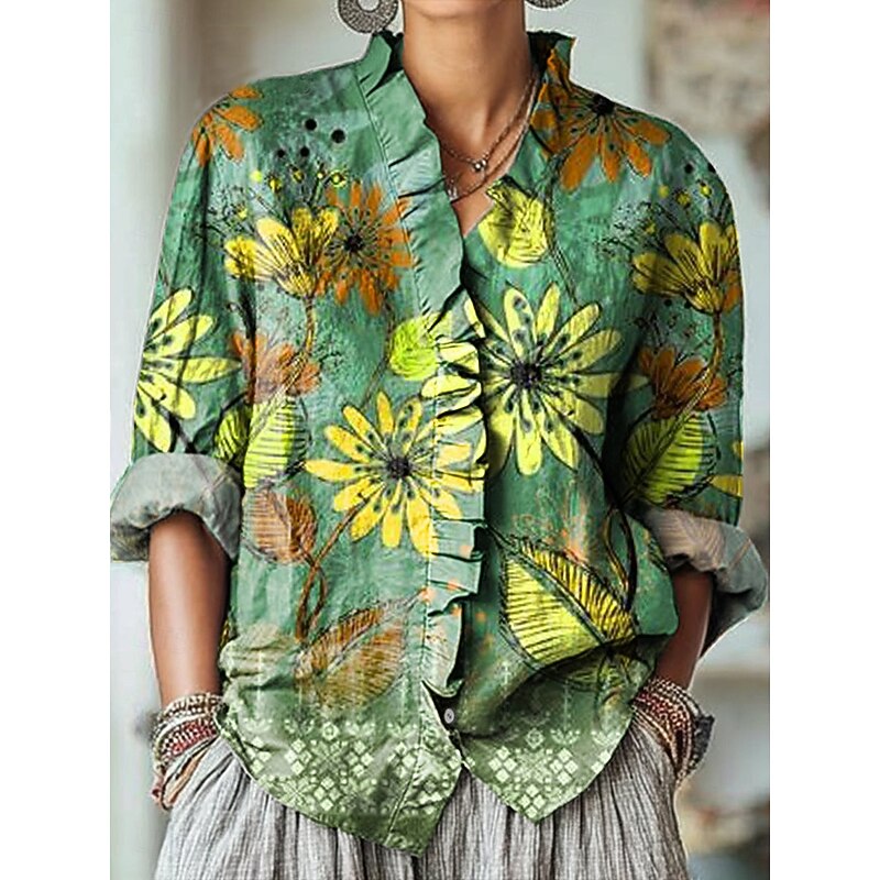 Women's Boho Shirt Floral Graphic Elegant Vintage Daily Long Sleeve Half Sleeve V Neck Regular Tops Work Daily Holiday Ruched Ruffle Yellow Red Green Summer Spring Fall2