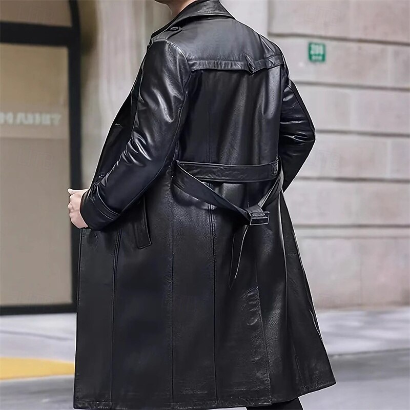 Men's Overcoat Trench Coat Long Trench Coat Vacation Daily Fall Winter PU Leather Windproof Outerwear Clothing Apparel Fashion Classic Plain Pocket Lapel Single Breasted2