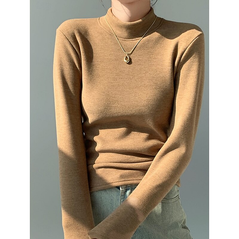 Women's Blouse Solid Color Stylish Casual Long Sleeve Turtleneck Regular Tops Daily Black Pink Brown Green Khaki Spring Fall Winter3