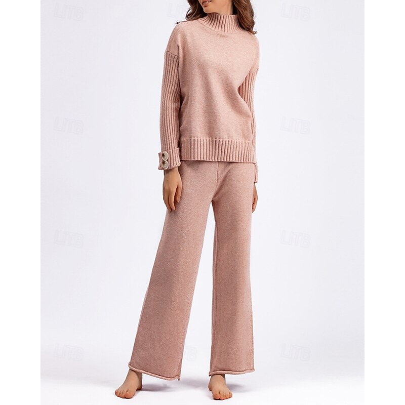 Women's Sweater Sweater Co-ords Pullover Streetwear Casual Solid Color Mock Neck Knitted Asymmetric Hem Long Sleeve Regular Tops Knit Daily Holiday Weekend Black Pink Fall Winter2