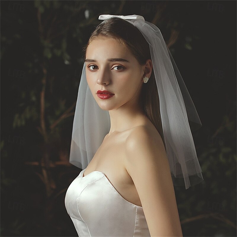 Two-tier Comtemporary / Stylish / Simple Wedding Veil Shoulder Veils with Satin Bow Tulle4
