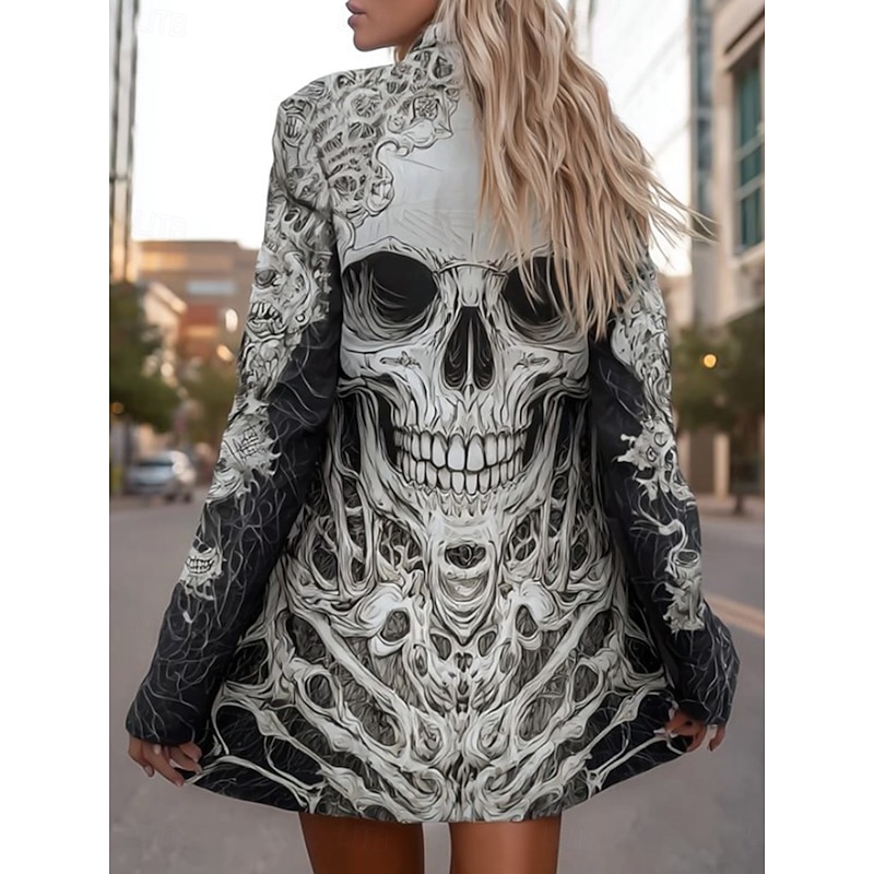 Halloween Women's Coat Lightweight Comfortable Skulls Print Vintage Artistic Casual Skull Casual Long Collarless Regular Fit Long Sleeve Outerwear Black White Brown Spring Fall