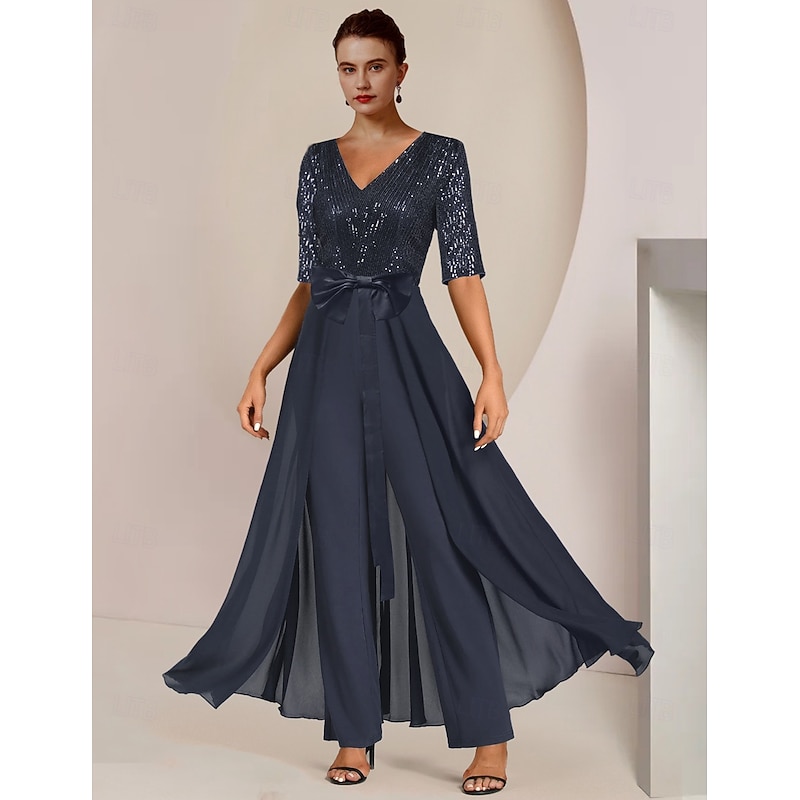 Jumpsuit Mother of the Bride  Formal Wedding Guest Elegant Scoop Neck Ankle Length Chiffon Sequined Half Sleeve with Bow(s) Sequin
