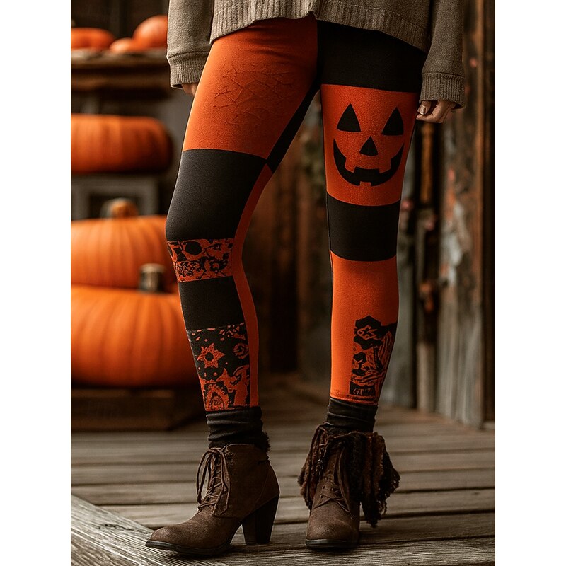 Women's Leggings Vacation Vintage Fashion Ankle-Length High WaistPantsHalloween Graphic Skull Pumpkin Printing Soft Breathable Stretchy Vacation Street Causal Black 1# Black Orange Fall Winter Slim