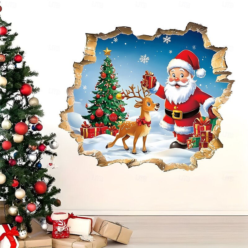 Christmas Sticker Wall Decals Creative 3D Broken Wall Cartoon Santa Claus Removable Vinyl Mural Holiday Party Living Room Office Background Wall Decoration Home Festival Atmosphere2