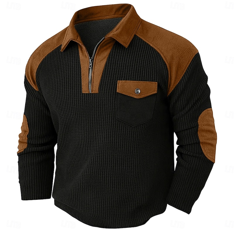 Men's Waffle Tee Waffle Henley Shirt Long Sleeve Lapel Quarter Zip Fall Spring &  Fall Solid Color Fashion Basic Casual Pockets Patchwork Street Casual Sports Black Wine Navy Blue Top Tee for Men4