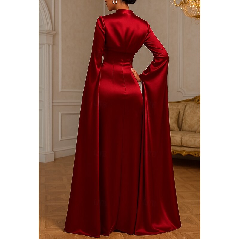Red Black Sheath / Column Evening Gown Elegant Formal Dress Formal Wedding Floor Length Long Sleeve Square Neck Pocket Satin with Bow(s) 20252