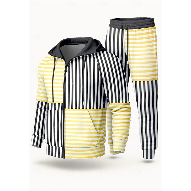 Men's Hoodie Tracksuit 2 Piece Tracksuit Drawstring Zip Up Striped Clothing Suit Fall Yellow Vocation Outdoor Travel Lightweight Fashion Long Sleeve Sport Activewear Stretchy Regular Fit