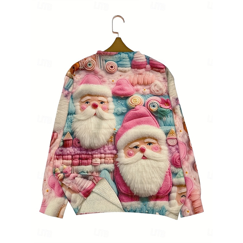 Christmas Women's Sweater Pullover Daily Casual Graphic Santa Claus Ribbed Crew Neck Knitted Print Long Sleeve Regular Tops Knit Outdoor Weekend Pink Fall Winter3