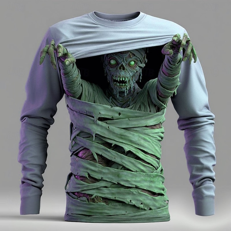 Halloween Men's Optical Illusion Zombies 3D T Shirt Long Sleeve T shirt 3D Print Crew Neck Shirt Fashion Exaggerated Street Casual Daily Blue Purple Green Summer Spring Fall Clothing Apparel S M L XL4