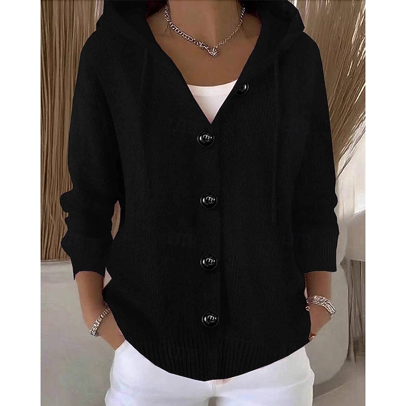 Women's Sweater Cardigan Fashion Streetwear Casual Pure Color Ribbed Hooded Pocket Buttons Knitted Long Sleeve Regular Tops Knit Outdoor Daily Weekend Black White Fall Winter4