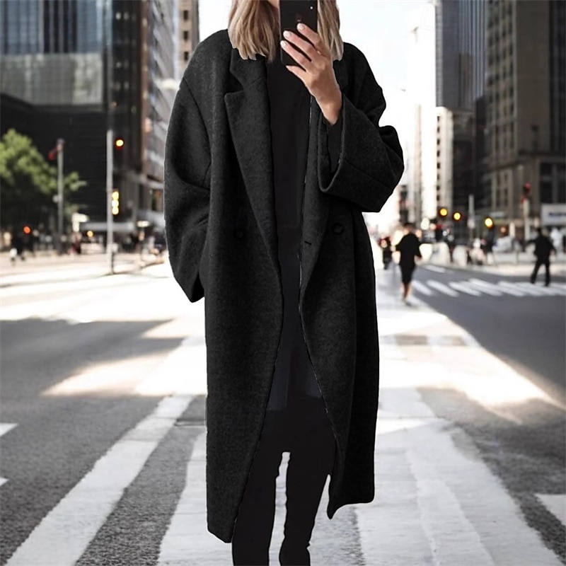 Women's Coat Trench Coat Warm Comfortable Pocket Fashion Modern Casual Plain Going out Weekend Long Turndown Regular Fit Long Sleeve Outerwear Black Brown Dark Blue Winter