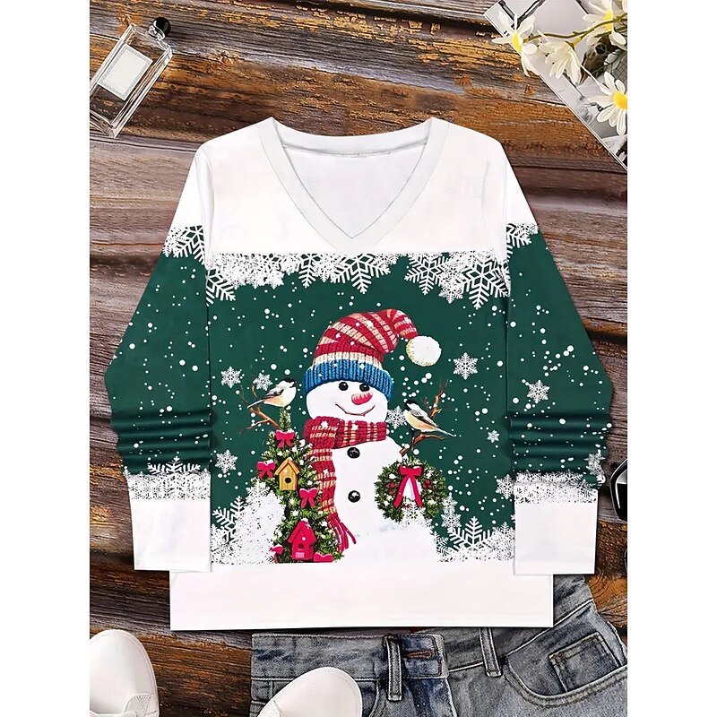 Christmas Women's T Shirt Graphic Snowman Vintage Stylish Classic Long Sleeve V Neck Regular Tops Daily Print Green Spring Fall Winter2